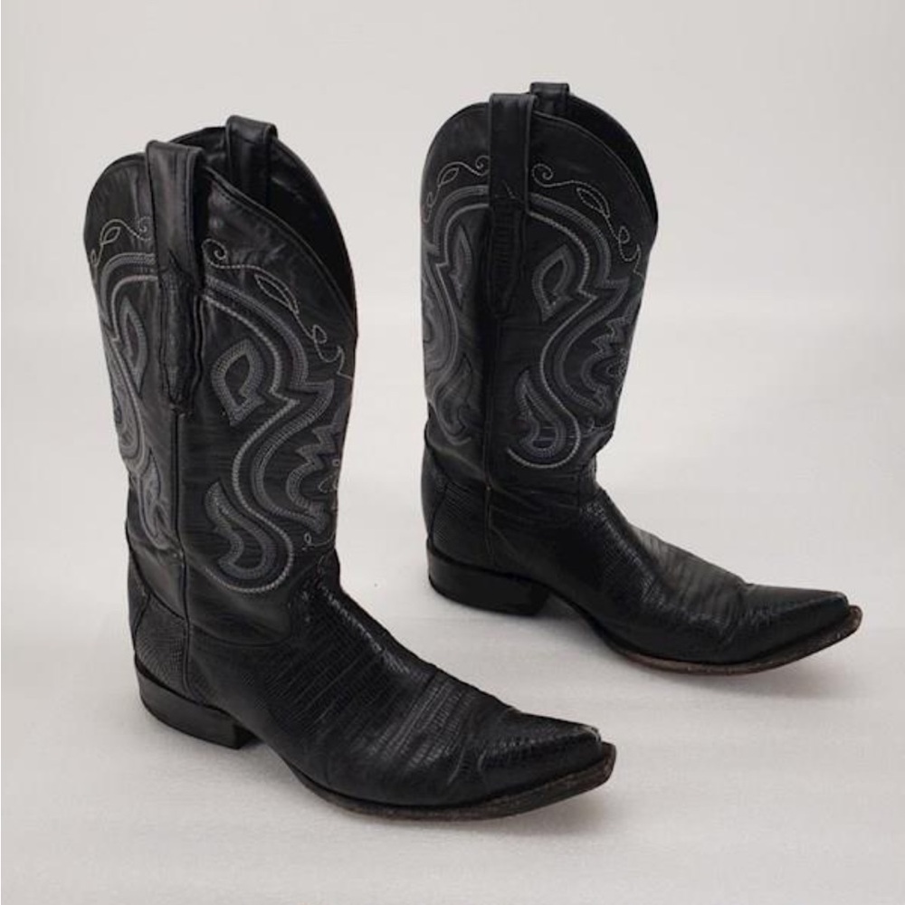 Lamasini Black Lizard Embossed Pointed Toe Low Heeled Boots Size 6.5 (M) 7.5 (W)